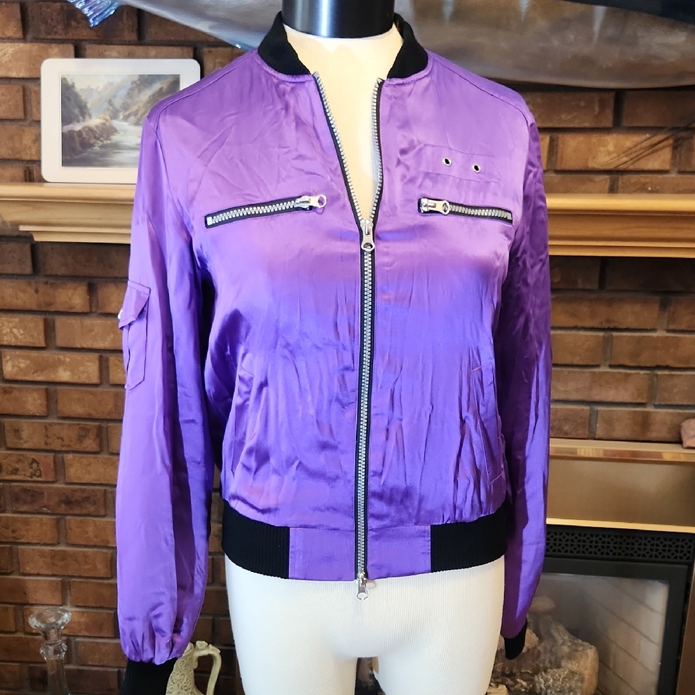 Allison Taylor 100% Silk Purple Bomber Jacket Size Small Black Trim Zipper Front